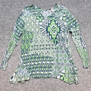 Nomadic Traders Green Mixed Ikat Patchwork Rayon Long Sleeve Tunic Top M